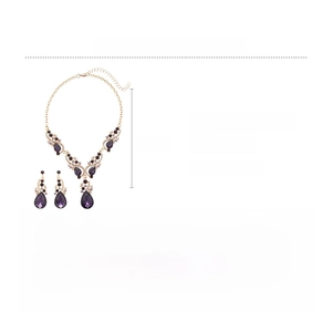 Detailed view of purple teardrop crystal jewelry set showing 46cm length and 57.8g weight