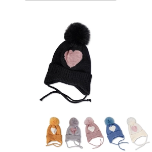Kids Winter Knit Hat With Heart Pattern Acrylic Ear Protection Beanie With Pompom And Tie Strap Warm For Boys Girls