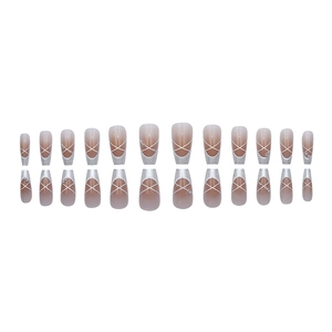 French gradient press-on nails with white lines and pearls in ballet shape