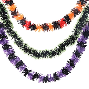 Set of 2.7m Halloween tinsel garlands in black-orange, black-green, and black-purple mix