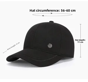 Detailed size chart for black baseball cap showing circumference, depth and visor length