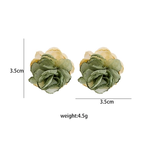 Detailed view of pink floral earrings with grey-green mesh and size dimensions