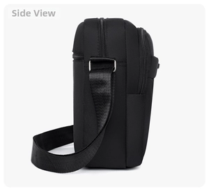 Side view of black waterproof nylon shoulder bag featuring multiple zipper compartments