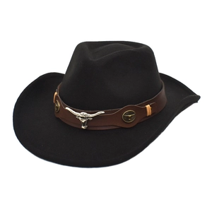 Western ethnic wool felt cowboy hat in black with metal bull head leather band