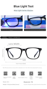 Detailed size chart and dimensions of the TR90 blue light blocking eyewear frames