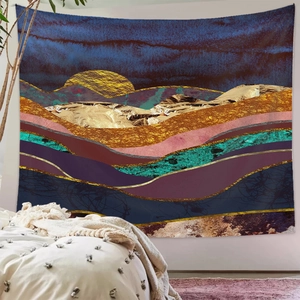 Detail of mountain sunset tapestry with golden lines and abstract artistic textures