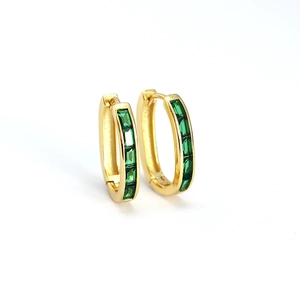 French vintage style gold hoop earrings with rectangular green enamel stones and hinge clasp