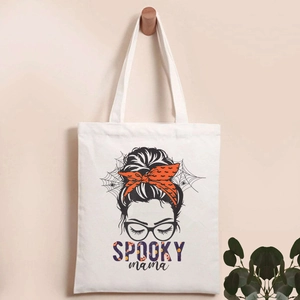 Detail of Spooky Mama print on beige canvas tote bag for Halloween theme