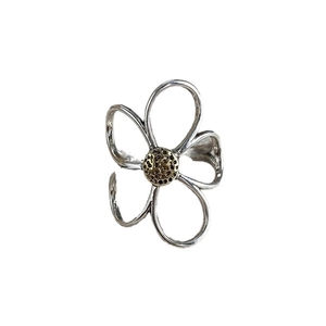 Minimalist silver and gold daisy open ring with two-tone metal flower petal design