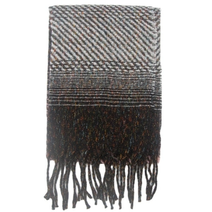 Detail shot of multi-color gradient striped scarf featuring elegant tassel fringe accents