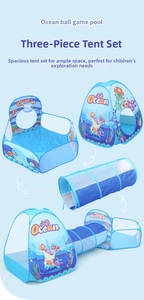 Three-piece ocean theme kids play tent with crawl tunnel and basketball hoop ball pit
