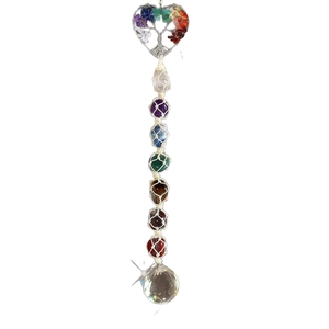 Seven Chakra Tree of Life crystal suncatcher with natural stones and faceted glass prism ball