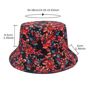 Floral print bucket hat for sun protection with detailed size measurements annotation