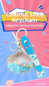 Detail of shell keychain with colorful beads, snowflakes, and HAPPY silicone strap