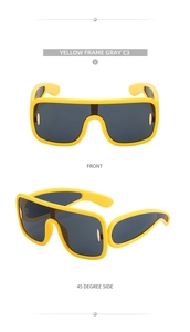 Front and side views of yellow frame sunglasses with gray lenses for cycling