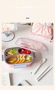 Three-compartment stainless steel lunch box with lid and matching utensils for school