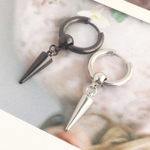 Punk style black and silver stainless steel hoop earrings with cone pendant for men and women