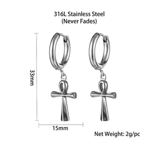 Symmetric pair of 316L stainless steel Ankh cross earrings with clear size markings