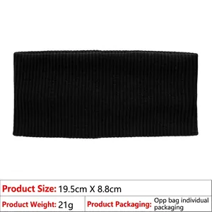 Detailed view of black ribbed knit sports headband showing dimensions 19.5cm by 8.8cm