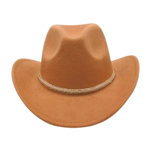 Detail of camel wool felt cowboy hat with fine light-colored braided decorative band