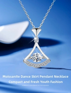 Macro shot of silver skirt pendant with dancing moissanite stone and pave accents