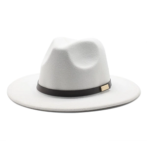 Classic white wool jazz fedora hat with black leather band and golden metal buckle accessory