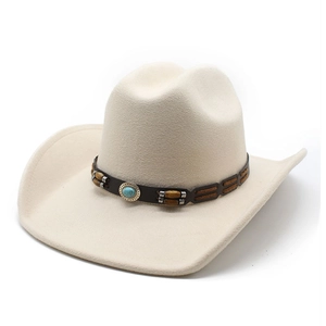 Off-white wool felt western cowboy hat with turquoise bead leather band in flat lay