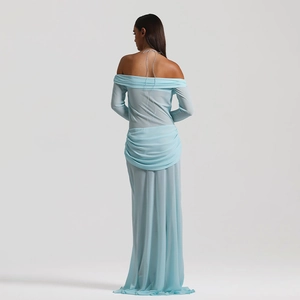 Detailed back view of a light blue off-shoulder maxi dress with ruched waist details