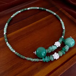 New Chinese style beaded necklace with green jade stones and silver flower spacers