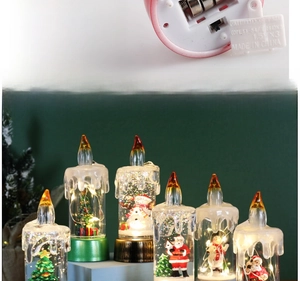 Detail of battery compartment and group of LED Christmas candle lights with glitter