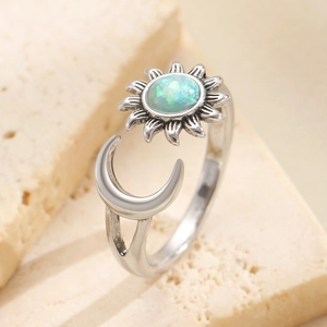 Adjustable sun and moon open ring with shimmering opal stone in silver finish