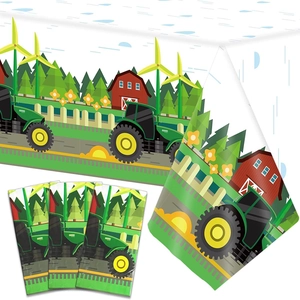 Cartoon farm tractor and red barn themed party tablecloth with matching napkins on white