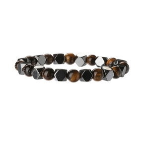 Bracelet en œil de tigre et hématite avec perles brunes et pierres noires géométriques