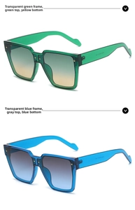 Detail view of transparent green and blue oversized square sunglasses with gradient lenses