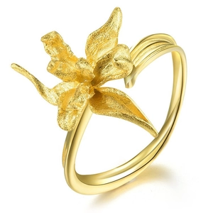 Artistic S925 silver iris flower open ring with gold brushed matte petals for women