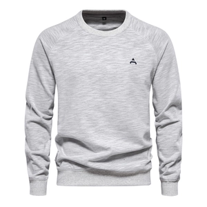 Detail of light grey crewneck sweatshirt showing fabric texture and ribbed neckline