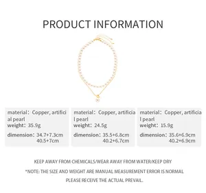 Size chart showing specifications for vintage pearl geometric layered necklaces in copper