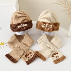 Kids Knit Hat And Scarf Winter Warm Soft Boston Letter Embroidery Color Block Ribbed For Toddler Children