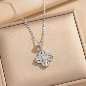 Exquisite silver floral pendant necklace with pave-set crystals and o-chain necklace