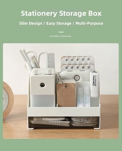 Close-up of minimalist white desk organizer with drawers for stationery storage