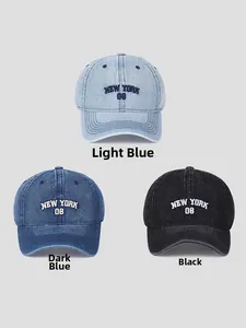 Three washed denim baseball caps with 3D New York embroidery in light blue, dark blue and black