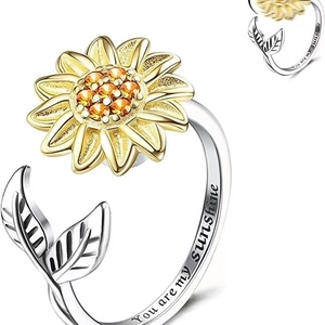 Adjustable sunflower spinner ring in gold and silver with You are my sunshine engraving