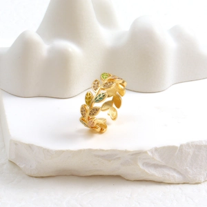 Adjustable 18k gold leaf ring with colorful enamel and sparkling zircon accents