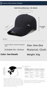 Detailed size chart for baseball cap showing 56-60cm circumference and 9cm brim depth