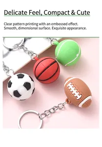 Detailed close-up of sport ball keychains including soccer, basketball, and tennis