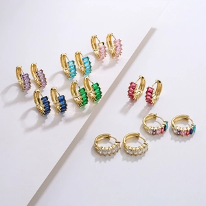 18K Gold Plated Copper Hoop Earrings With Baguette Colorful Zirconia Micro Pave Retro Light Luxury Jewelry For Women