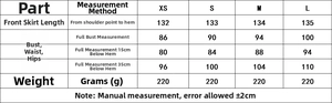 Size guide table for asymmetric midi dress showing length, bust, waist, and hip measurements
