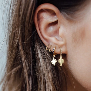 S925 silver beaded gold earrings set with star and cactus charms worn by model