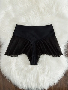 Macro shot of black high-waisted bikini bottoms with layered mesh trim and ruffled details