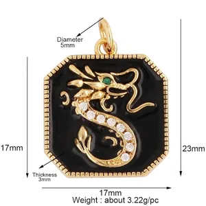 Detailed size specifications for a gold dragon pendant with black enamel and zircons